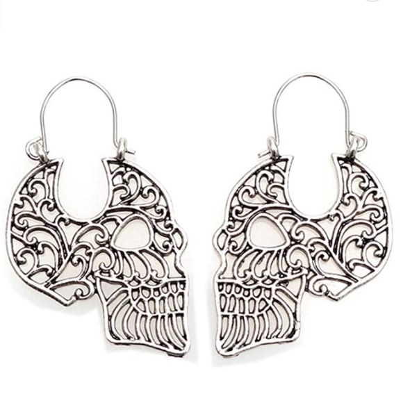 Silver Skull Filigree Outline Earrings Goth Line Art Lace Dangle Skulls Biker - Picture 5 of 10